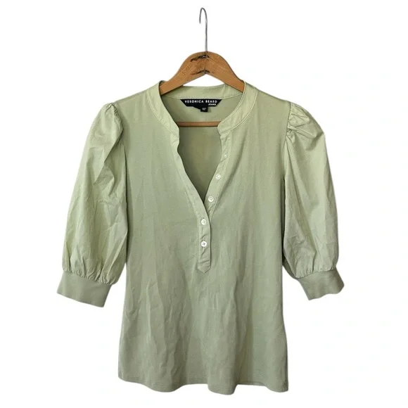 Veronica Beard Pale Green Puff Sleeve Henley Top - Picture 4 of 16